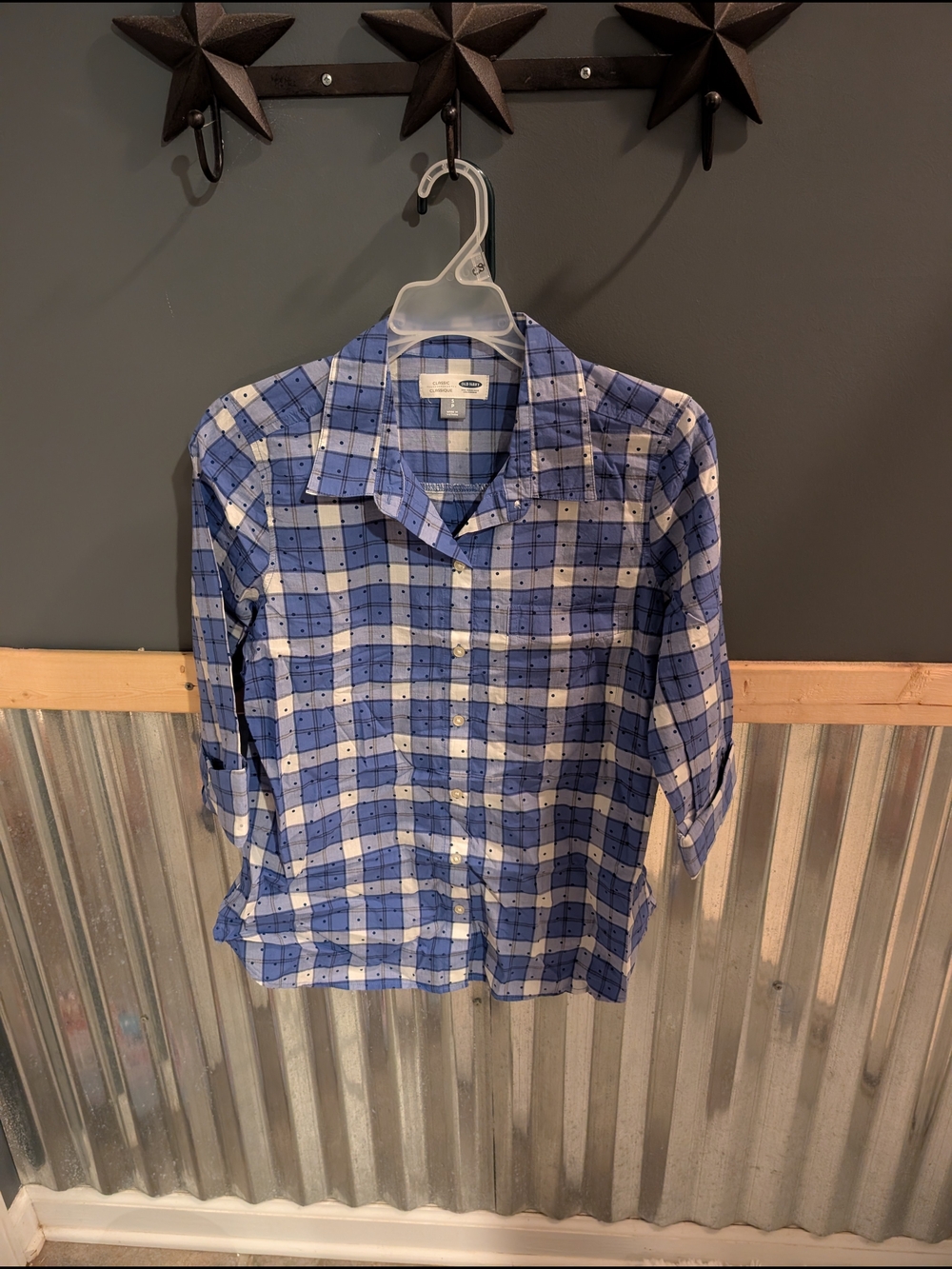Old Navy Blue and White Plaid Button-Down Shirt